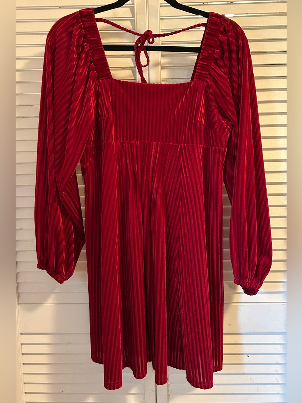 Red Velvet Midi Dress with Long Sleeves